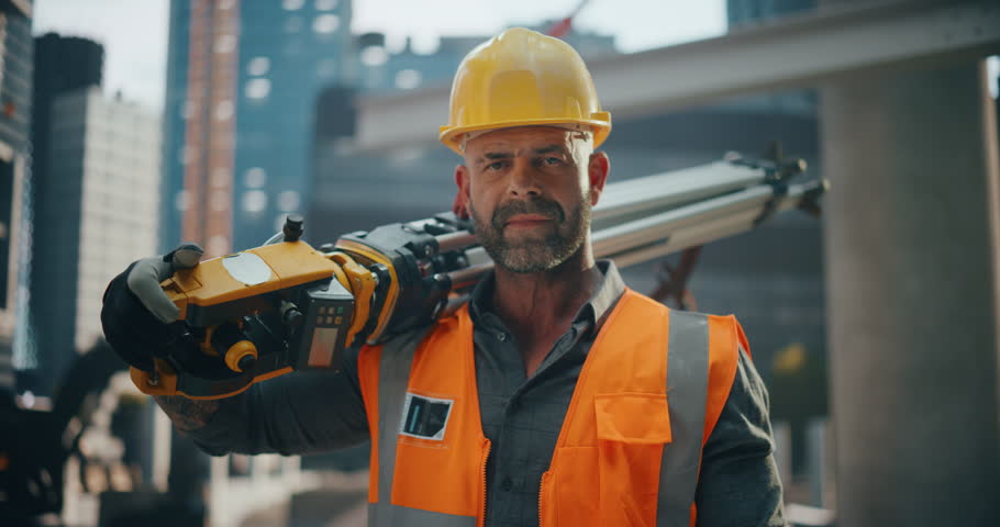 Portrait of a Strong Masculine Contractor or Civil Engineer Holding a Geodesic Total Station Tool on His Shoulder, Wearing a Yellow Hard Hat and Safety Vest. Man is Smiling and Looking at Camera