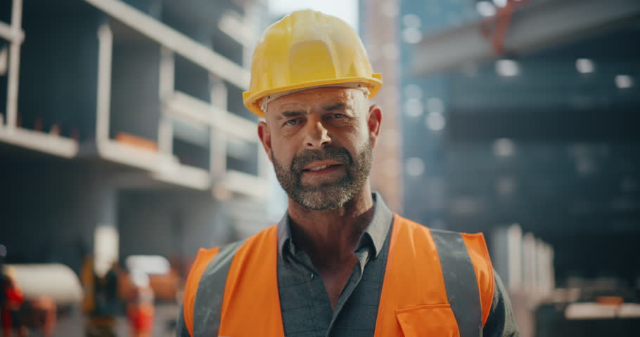 Happy Professional Middle Aged Engineer Wearing Safety Uniform and Hard Hat on a Residential Building Construction Site. Smiling Caucasian Industrial Site Manager Standing Outdoors on a Street Royalty-Free Stock Footage #3434908907