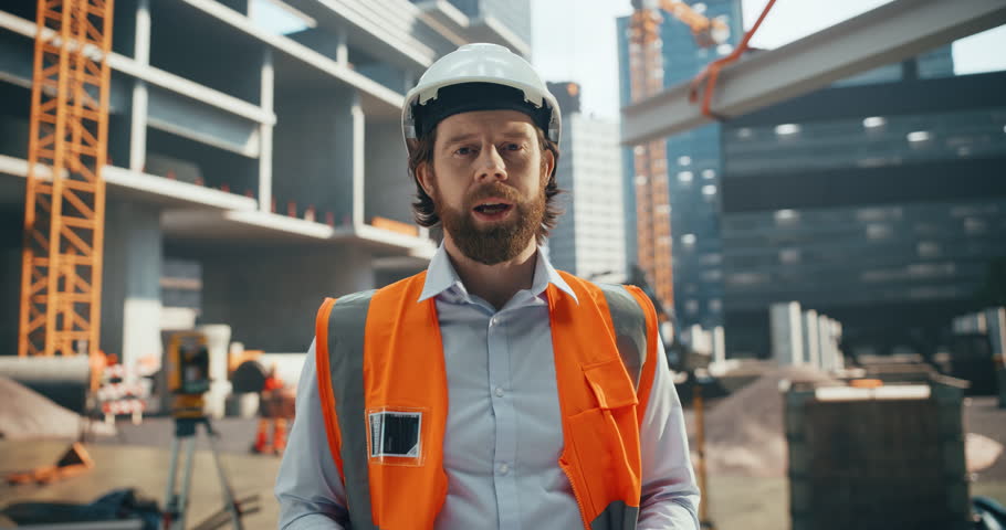 Portrait of a Happy Successful Civil Engineer Standing in a Construction Site, Talking on Camera, Smiling. Playback Template for TV or Computer Screen or a Video Call Concept for a Smartphone