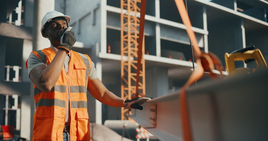 Competent African American Contractor, Site Manager, Civil Engineer in a Hard Hat and Safety Vest. Black Man Helping a Crane Operator to Safely Move a Steel Beam at a Construction Site