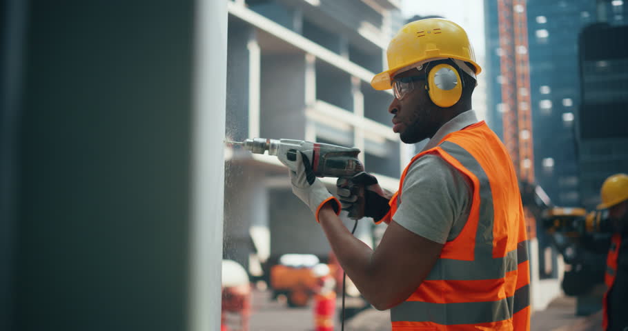 Portrait of a Handsome African General Worker Drilling Holes with a Power Tool at a Construction Site. Masculine Black Man Working with a Drill Outdoors, Preparing a Wall for Fabrication