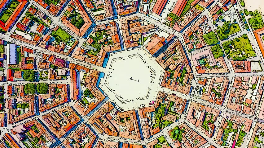 Color sketch in cartoon style. Palmanova, Udine, Italy. An exemplary fortification project of its time was laid down in 1593, Aerial View, HEAD OVER SHOT with rotation