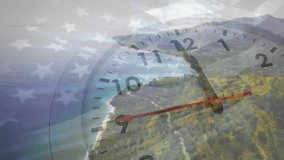 Animation of fast moving hands on clock over american flag and landscape. Time, america, patriotism, processing, data, nature, freedom and ecology, digitally generated video.