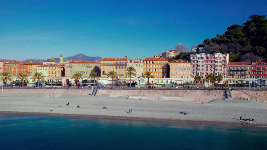 Aerial view of the Mediterranean Sea and the Quai des Etats-Unis, Promenade des Anglais, in Nice, France.