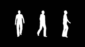 Walking silhouette of a man from different angles, white on a black background. Seamless looping animation.