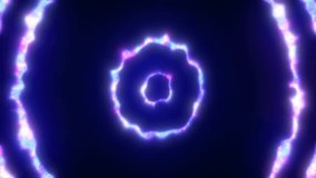 Abstract background looped circles a tunnel of flying purple blue rings of energy plasma with a glow effect shiny festive bright beautiful futuristic hi-tech, screensaver, video in high quality 4k