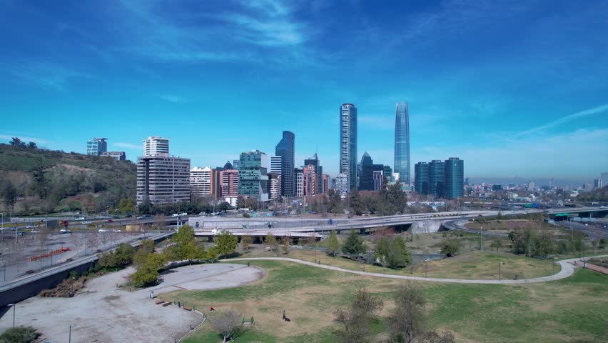 Santiago Skyline At Santiago Metropolitan Region Chile. Public Space Urban Scene. Business Sky Clouds Downtown Cityscape. Business Outside Downtown Backgrounds Famous. Santiago Skyline Chile.