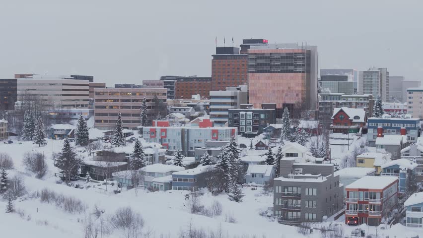 Downtown Anchorage Alaska after Snowstorm, drone establishing shot