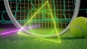 Animation of colourful circle, triangle and square scanning tennis ball and racket by net on court. Sport, competition, digital interface, processing and connection, digitally generated video. - Powered by Shutterstock - Get 15% off with code: PIKWIZARD15