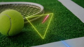Animation of colourful circle, triangle and square scanning tennis ball and racket on grass court. Sport, competition, digital interface, processing and connection, digitally generated video. - Powered by Shutterstock - Get 15% off with code: PIKWIZARD15