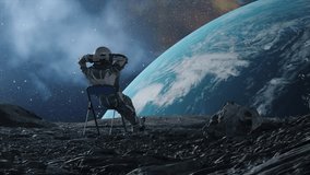 Breathtaking 3D animation of an astronaut relaxing on a chair on the lunar surface, gazing upon Earth in a star-filled sky. 3D Illustration - Powered by Shutterstock - Get 15% off with code: PIKWIZARD15