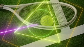 Animation of colourful circle, triangle and square scanning tennis ball and racket on grass court. Sport, competition, digital interface, processing and connection, digitally generated video. - Powered by Shutterstock - Get 15% off with code: PIKWIZARD15