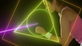 Animation of colourful circle, triangle and square scanning caucasian female tennis player with ball. Sport, competition, digital interface, processing and connection, digitally generated video. - Powered by Shutterstock - Get 15% off with code: PIKWIZARD15