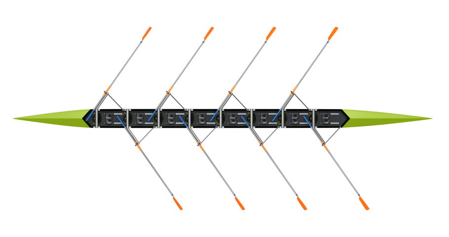 Eight men rowing boat animation on white background - 3D animation seamlessly loopable