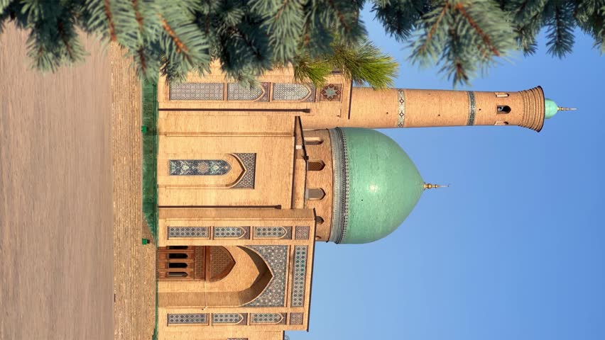 Khast Imam Square with an architectural complex combining ancient religious buildings with modern ones. Lawns, flower beds, shrubs. Cathedral Mosque in Tashkent. 4K
