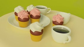 3d blender animation of coffee cups and cupcakes on table on green background. 3d animation of coffee being poured. 3d animation. 3d video
