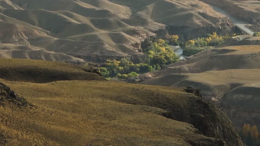 Mountainous terrain with beautiful skin rocky slopes with river in gorge background. Oasis landscape in Kazakhstan at summer sunny sunset.