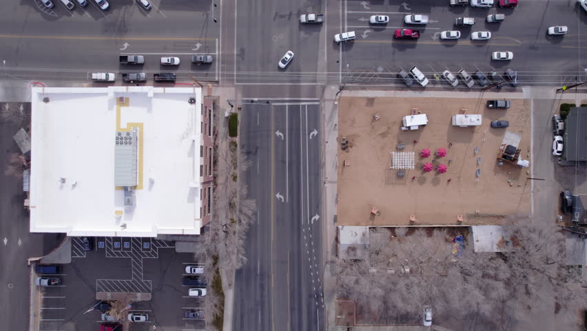 Top Down Aerial View, Traffic in Downtown Prescott, Arizona USA, Cars, Streets and Buildings, High Angle Drone Shot
