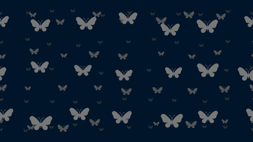 Butterfly symbols float horizontally from left to right. Parallax fly effect. Floating symbols are located randomly. Seamless looped 4k animation on dark blue background Royalty-Free Stock Footage #3435186005