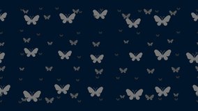 Butterfly symbols float horizontally from left to right. Parallax fly effect. Floating symbols are located randomly. Seamless looped 4k animation on dark blue background