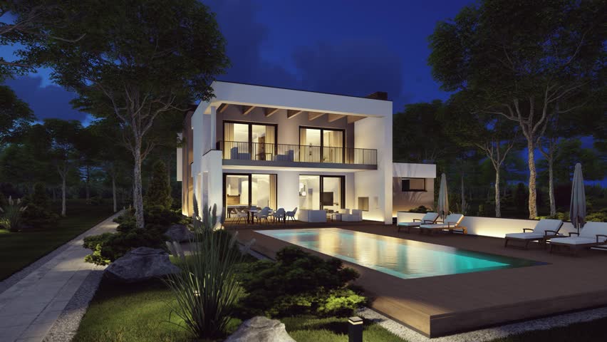 4K video rendering of modern cozy house with pool and garage for sale or rent in luxurious style and beautiful landscaping on background. light on after sunset
