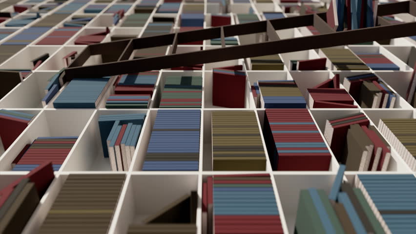 Vertical seamless animation of library shelves full of colorful books