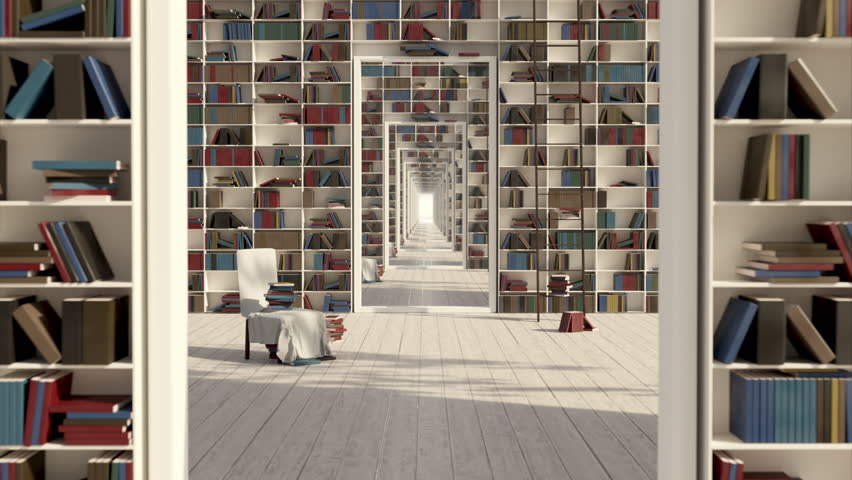 Beatiful private loopiing library with countless colorful books on shelves. Seamless motion design.