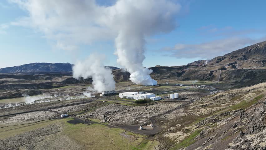 Hot volcanic fumes at the Nesjavallavirkjun geothermal powerplant in Iceland
