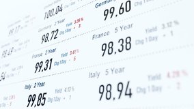 International government bonds, yield and prices of United Kingdom and Germany. Bond market trading, interest rates, investment. - Powered by Shutterstock - Get 15% off with code: PIKWIZARD15