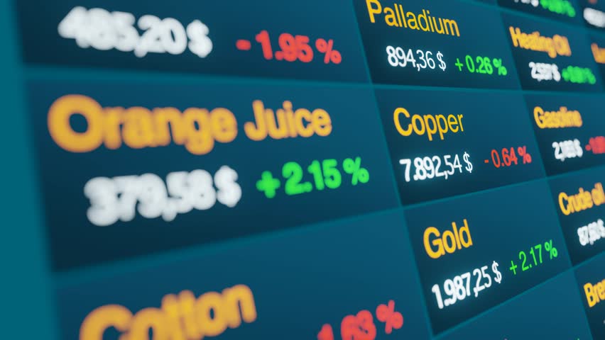 Commodity trading screen, price information about gold, coffee, sugar, oil, platin. Business, information, stock market and exchange, data, metal, percentage signs, investment. Royalty-Free Stock Footage #3435310903
