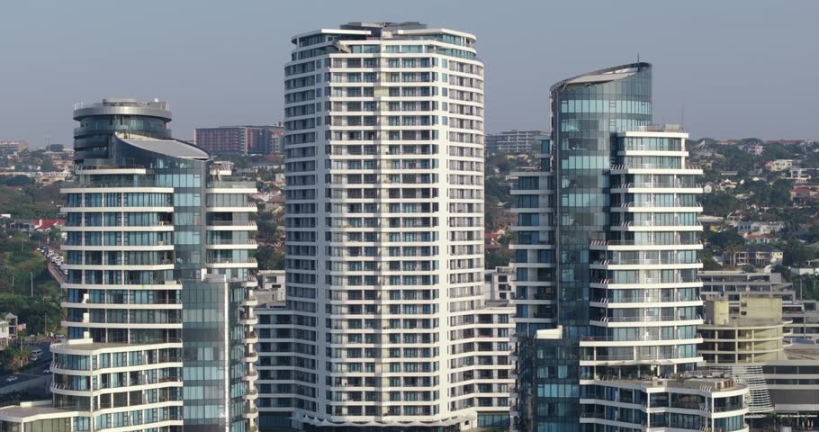 Modern high-rise buildings in uMhlanga, Durban with clear skies