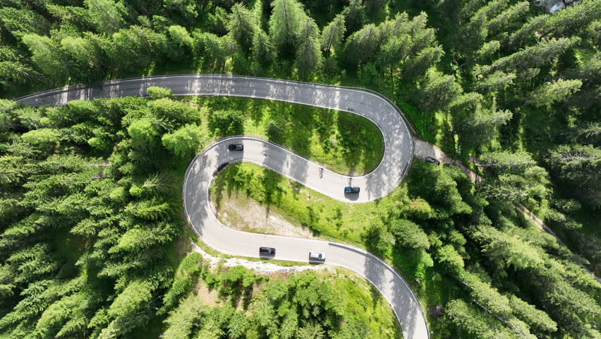 Cars and bicycles driving along curved serpentine road in green coniferous forest. Aerial top-down view Royalty-Free Stock Footage #3435422321