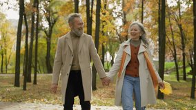 Happy Caucasian family retired married couple 60s old mature woman man going walking in city park autumn nature carefree wife husband love romantic relationship intelligent female male stroll together - Powered by Shutterstock - Get 15% off with code: PIKWIZARD15