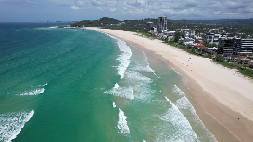 Flying South Down Palm Beach Towards Currumbin Alley (in background) - Gold Coast - Queensland QLD - Australia - Drone Shot