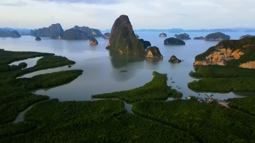 panorama view of Sametnangshe, view of mountains in Phangnga Bay with mangrove forest in Andaman sea with evening twilight sky, travel destination in Phangnga, Thailand Royalty-Free Stock Footage #3435479187