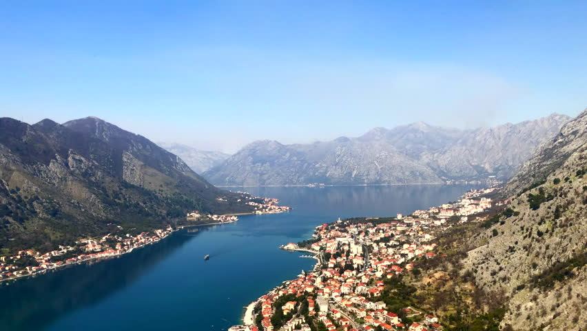 Aerial view of the Bay of Kotor and the old town of Kotor. Adriatic Sea. Kotor, Montenegro. Europe.