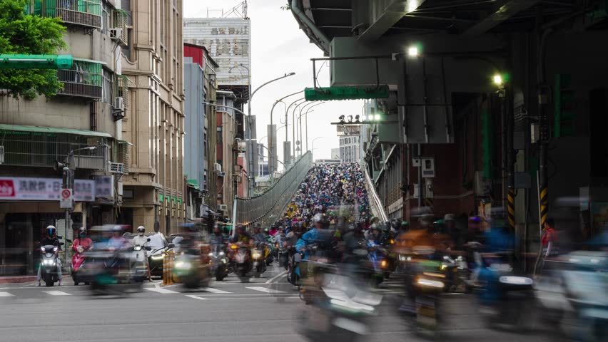 timelapse video traffic street view to the road bridge from highway full with many motorcycle vehicle heavy traffic inbound to the city of Taipei in Taiwan in morning rush hour Royalty-Free Stock Footage #3435540857
