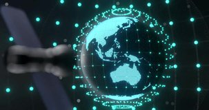Animation of ai data processing over globe with connections. Global artificial intelligence, data processing, computing and digital interface concept digitally generated video.