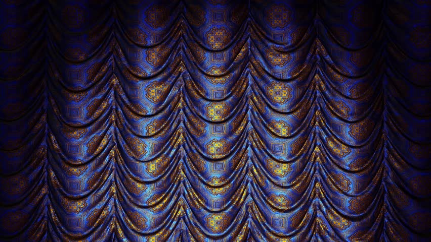 Realistic 3D animation of the luxurious textured deep blue Austrian theater stage curtain with traditional Chinese golden ornament rendered in UHD with alpha matte