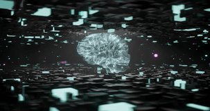 Animation of human brain and ai data processing over black background. Global artificial intelligence, data processing, computing and digital interface concept digitally generated video.