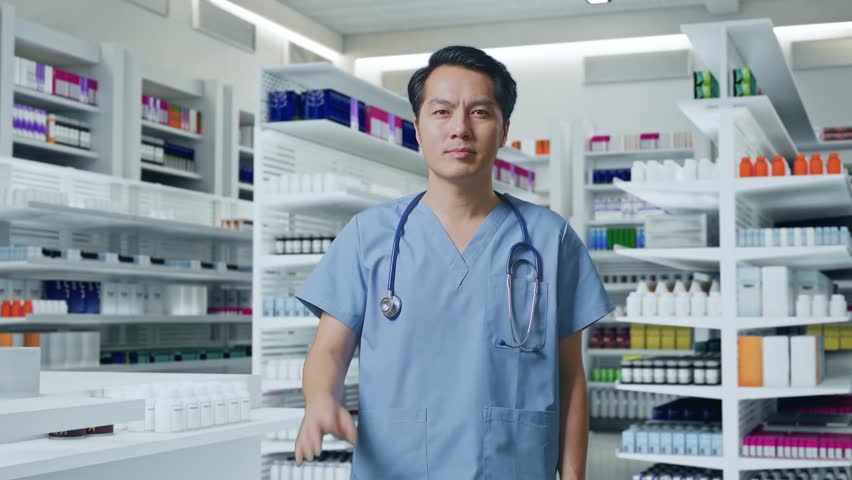 Asian Male Doctor With Stethoscope Showing Okay Gesture And Smiling In Pharmacy Royalty-Free Stock Footage #3435664879