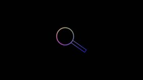 Glowing neon line Magnifying glass icon isolated on black background. Search, focus, zoom, business symbol. Video motion graphic animation.