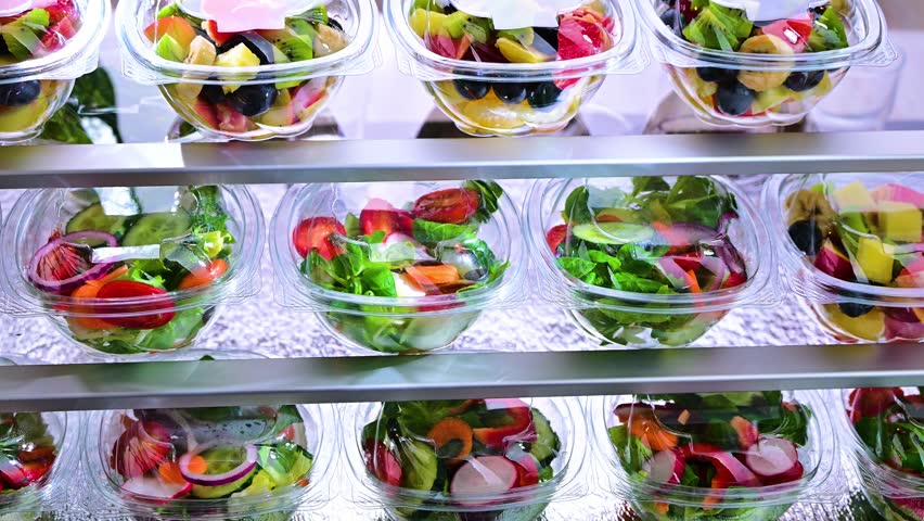 Plastic boxes with pre-packaged fruit and vegetable salads, put up for sale in a commercial refrigerator