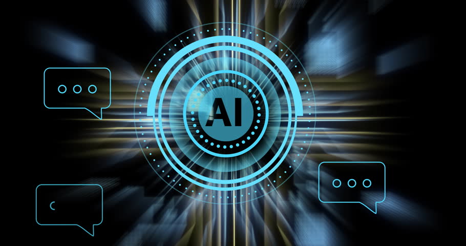 Animation of ai data processing over black background. Global artificial intelligence, data processing, computing and digital interface concept digitally generated video.