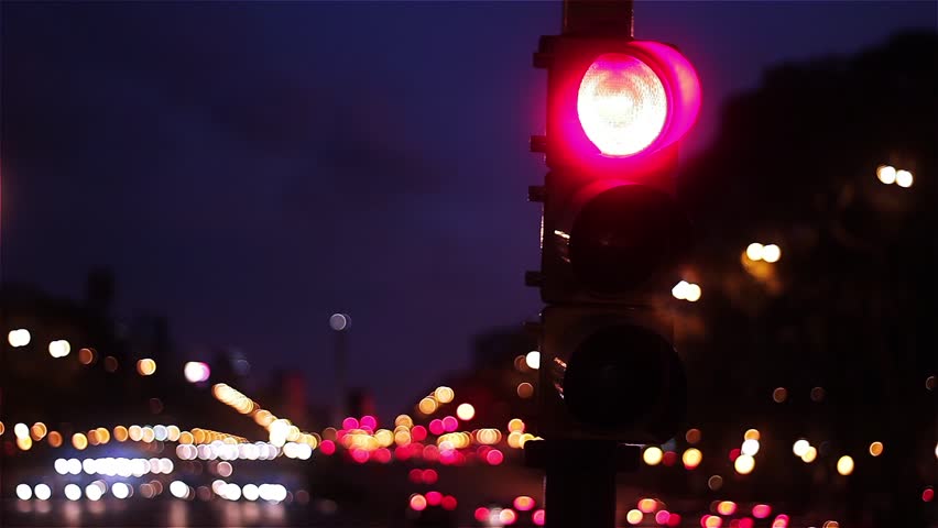 Traffic Light Changing From Red to Green at Dusk, Avenida 9 de Julio, Buenos Aires, Argentina
