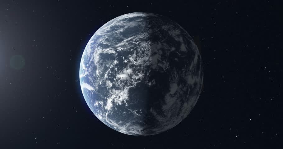 View from the stratosphere of the planet's oceans. Night falls on a globe without land. 3D animation, 4K video. Water world, flooded planet version 04. 3D Illustration