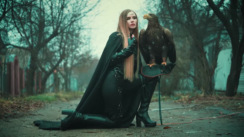 art fantasy woman warrior holding white-tailed eagle on hand. Princess girl blond hair looks into eyes wild bird. Lady queen hunter black dress. old street dark trees fog. Sexy face fashion model