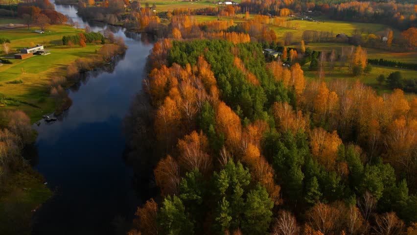 Aerial shot of green fields and dense, vibrant and colorful autumn woods on the Lesse River at sunset, Belgium