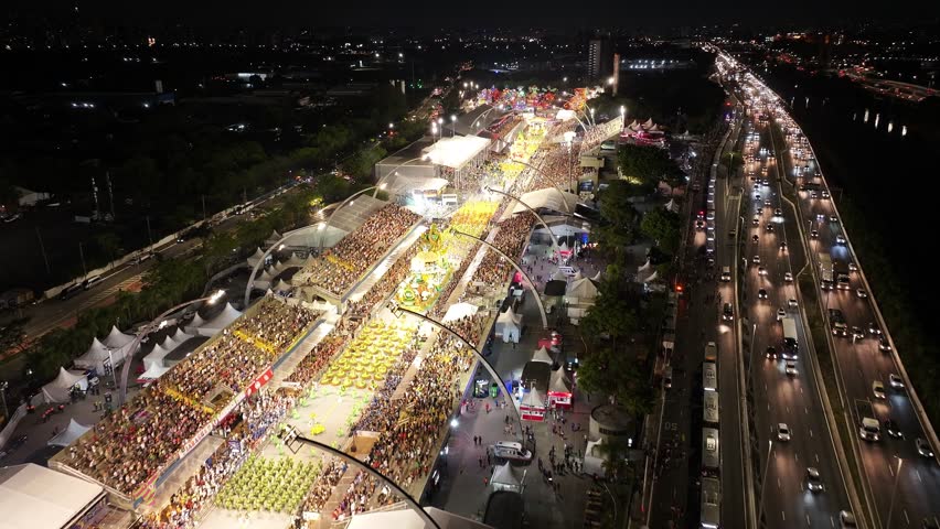 Scenic Samba Parade In Anhembi Sambadrome At Downtown Sao Paulo Brazil. Carnival Parade Tourism Skyline Landmark Outdoor Night. Cityscape Sao Paulo Brazil. Scenic Samba Parade In Anhembi Sao Paulo.
