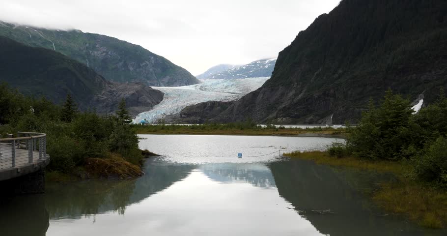 Mendenhall Glacier and Lake, as seen from the Photo point, Mendenhall Glacier Visitor Center, Alaska.